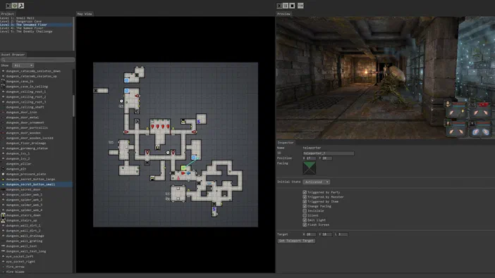 Capture d'écran de l'éditeur de niveau du jeu vidéo Legend of Grimrock montrant une carte et un couloir sombre.