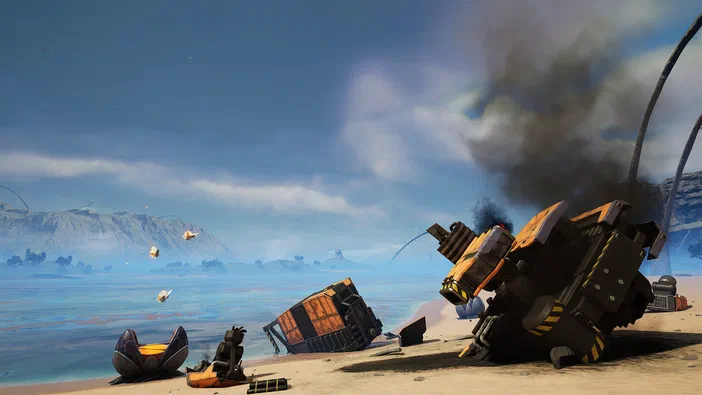Dans le jeu vidéo Satisfactory, des robots industriels sont renversés sur une plage avec de la fumée noire et des débris flottant dans l'eau.