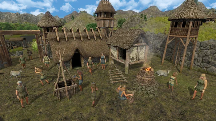 Capture d'écran du jeu vidéo Dawn of Man montrant un village de tribus primitives avec des huttes en paille et des personnages interagissant dans une scène stratégique.