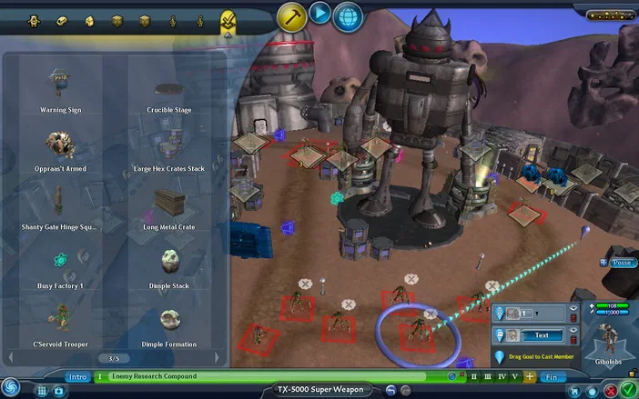 Capture d'écran du jeu vidéo Spore: Galactic Adventures montrant une interface de construction avec un grand robot et des unités au sol.