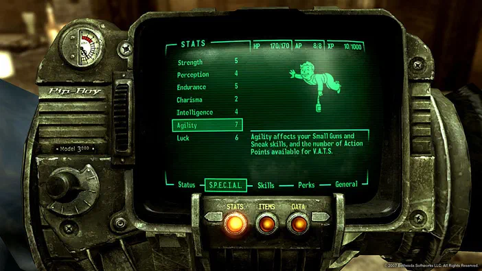 Interface du Pip-Boy dans Fallout 3 affichant les statistiques de l'avatar : Force, Perception, Endurance, Charisme et Agilité.