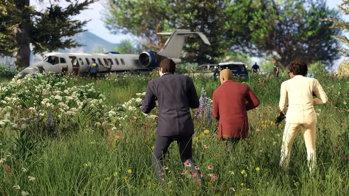 Dans Grand Theft Auto V Enhanced, trois personnages vus de dos traversent un champ fleuri en direction d'un avion privé posé sur une route.