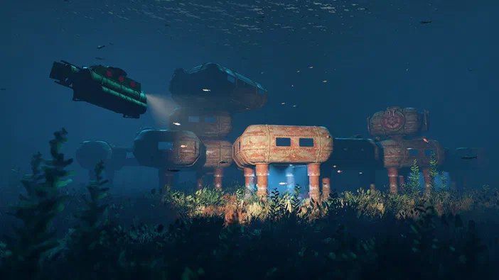 Capture d'écran du jeu Rust montrant une base de structures en bois sous l'eau avec un véhicule flottant à proximité.