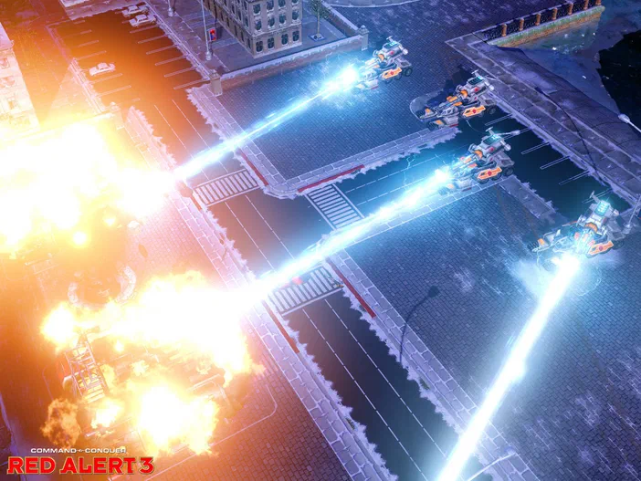 Capture d'écran du jeu vidéo Command & Conquer Red Alert 3 montrant des véhicules tirant des lasers bleus sur une ville en feu.