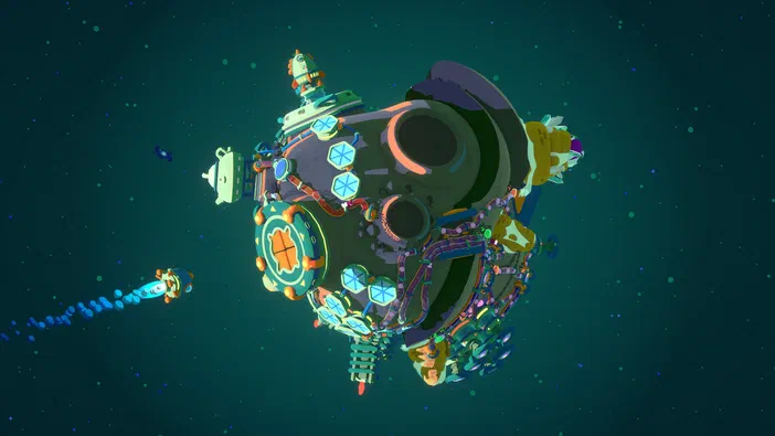 Capture d'écran du jeu vidéo Star Birds montrant un vaisseau spatial coloré et complexe flottant dans l'espace étoilé.
