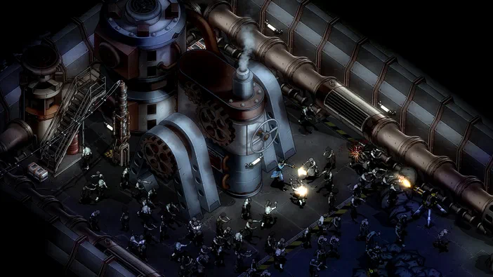 Capture de jeu vidéo They Are Billions montrant une base industrielle assiégée par des milliers d'ennemis dans un style isométrique sombre.