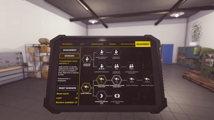 Interface de gestion du jeu Dinosaur Fossil Hunter affichant des options pour les travailleurs et le réinitialisation.