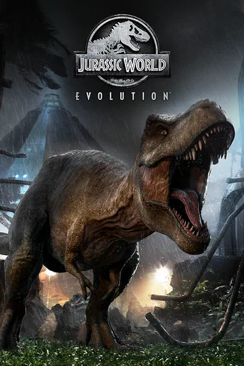Une image promotionnelle du jeu vidéo Jurassic World Evolution montrant un T-Rex en avant-plan dans une jungle sous la pluie.