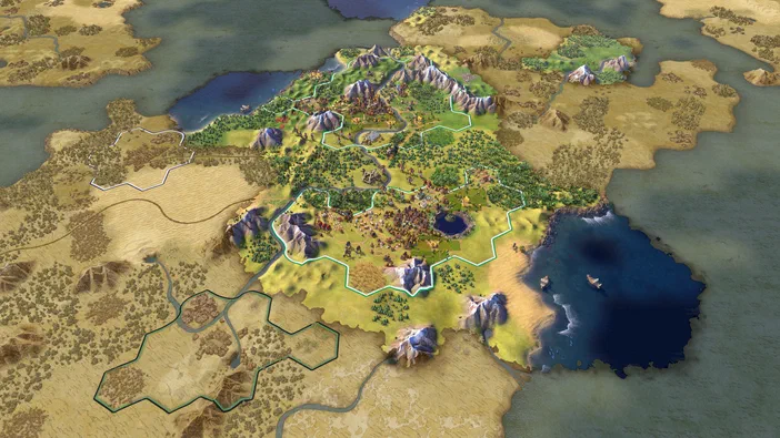 Vue aérienne de la carte du jeu Sid Meier's Civilization VI montrant des hexagones verts et bleus sur un fond terrestre.
