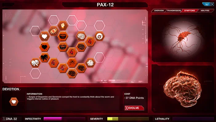 Interface du jeu Plague Inc: Evolved affichant une carte d'évolution de la maladie PAX-12 avec des icônes et un modèle cérébral.