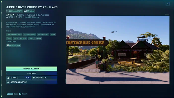 Interface de Steam montrant une skin pour Cretaceous Cruise dans Jurassic World Evolution, avec un bateau et des palmiers en arrière-plan.