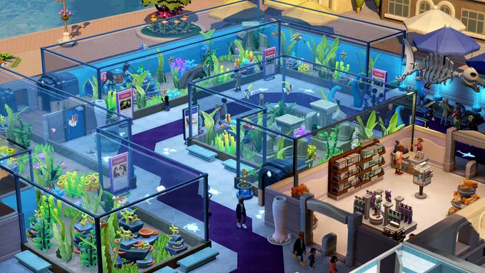 Vue d'un aquarium dans le jeu Two Point Museum avec des visiteurs et un squelette de dinosaure.