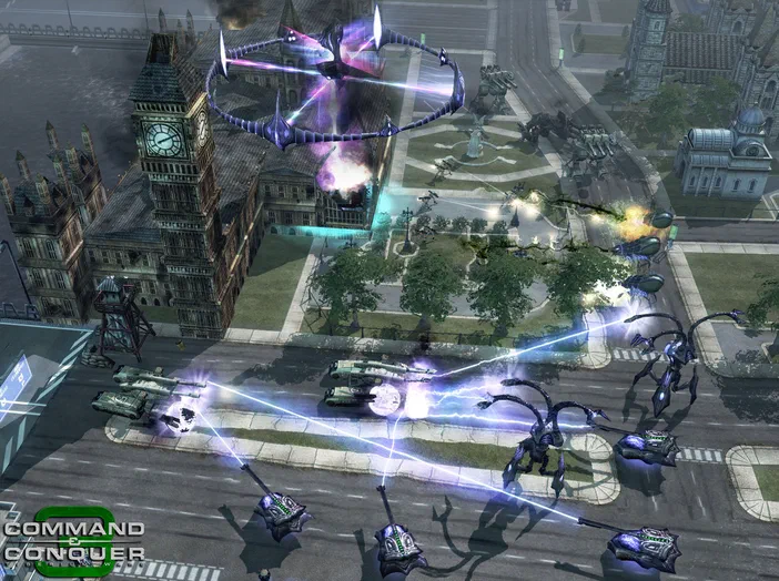 Capture d'écran du jeu vidéo Command & Conquer 3 : Tiberium Wars montrant une bataille urbaine avec des unités de l'armée et des créatures alien dans un décor rappelant Londres.