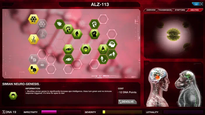 Capture d'écran du jeu Plague Inc: Evolved montrant l'interface de développement génétique avec des icônes vertes et jaunes sur fond rouge.