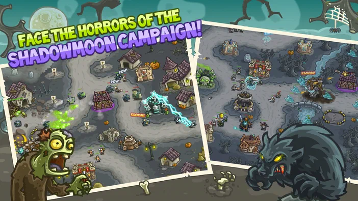 Capture d'écran du jeu Kingdom Rush Frontiers montrant la campagne Shadowmoon avec des zombies et un loup-garou.
