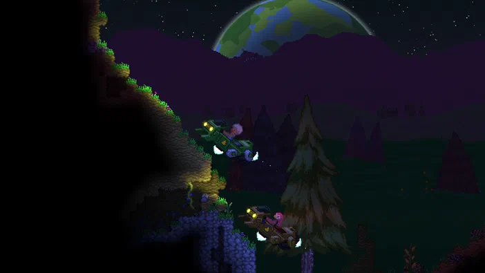 Capture d'écran du jeu Starbound montrant deux véhicules volants dans un paysage nocturne avec une planète en arrière-plan.