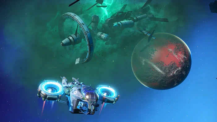 Capture d'écran du jeu vidéo No Man's Sky montrant une flotte de vaisseaux spatiaux devant un astre rouge et des débris dans l'espace.