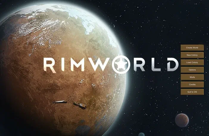 Écran titre du jeu RimWorld montrant une planète rouge avec des vaisseaux spatiaux et un menu de navigation à droite.