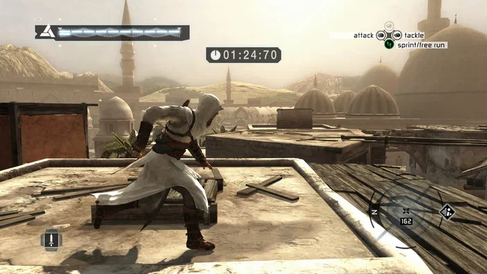Capture d'écran du jeu Assassin's Creed montrant un personnage en tenue blanche sur une terrasse avec des minarets à l'arrière-plan.