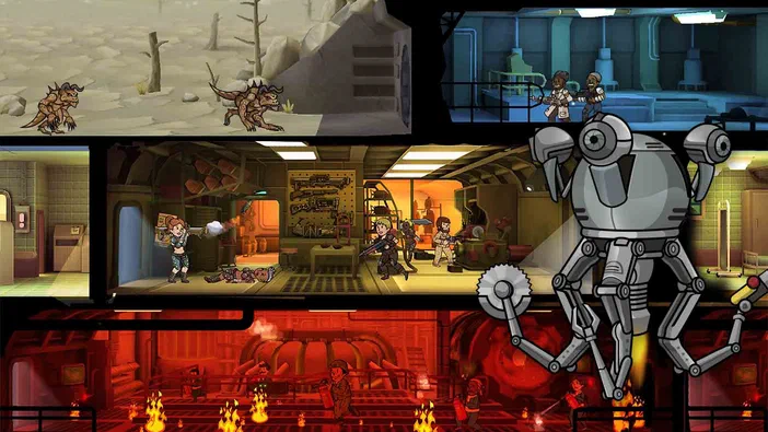 Capture d'écran du jeu Fallout Shelter montrant des personnages dans un abri souterrain avec des créatures et une machine géante.