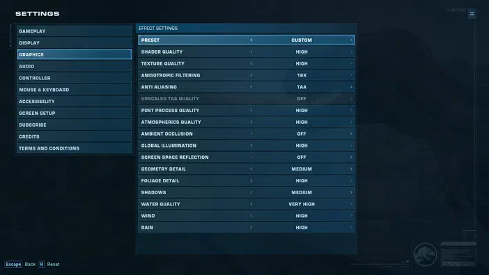 Menu de configuration graphique du jeu Jurassic World Evolution 2 affichant les options comme la qualité des textures et l'anti-aliasing.