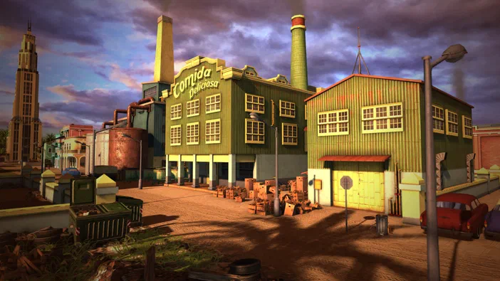 Vue d'une usine verte avec des cheminées dans le jeu vidéo Tropico 5