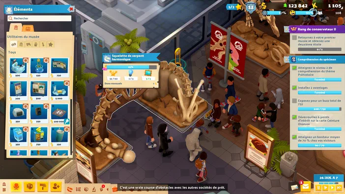Capture d'écran du jeu Two Point Museum montrant un squelette de serpent hermétique dans une salle avec des visiteurs et l'interface utilisateur.