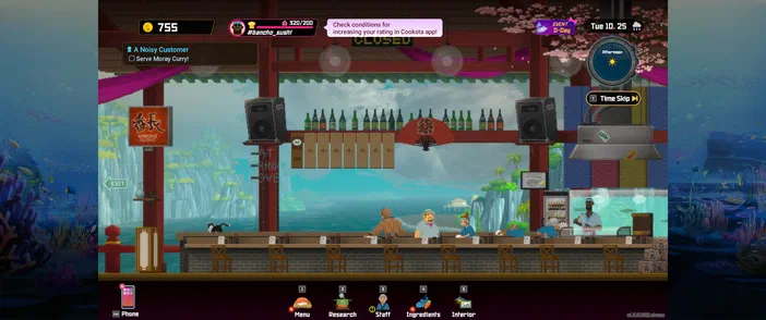 Capture d'écran du jeu vidéo Dave the Diver montrant l'intérieur d'un restaurant avec un comptoir de bar et des personnages.