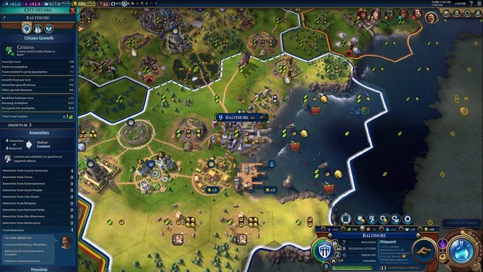 Capture d'écran du jeu de stratégie Sid Meier's Civilization VI montrant la ville de Baltimore avec ses bâtiments et ressources.