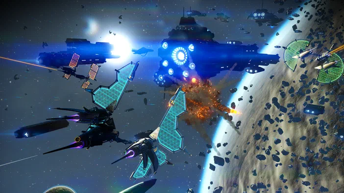 Capture d'écran du jeu vidéo No Man's Sky montrant une bataille spatiale avec plusieurs vaisseaux de combat et un grand navire au centre près d'une planète.