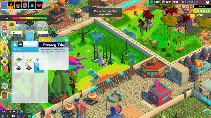 Capture d'écran du jeu de simulation Parkasaurus montrant un parc avec des dinosaures et une interface utilisateur pour placer des tuiles.