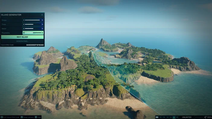 Capture d'écran du jeu Jurassic World Evolution 3 montrant un générateur d'île avec des options de configuration et une vue aérienne d'un archipel tropical.