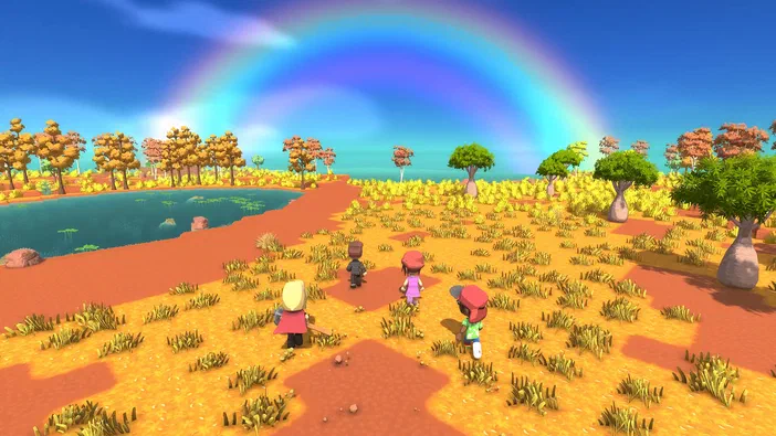 Dans le jeu vidéo Dinkum, quatre personnages se tiennent sur un terrain rouge parsemé d'herbes devant une forêt colorée sous un arc-en-ciel.