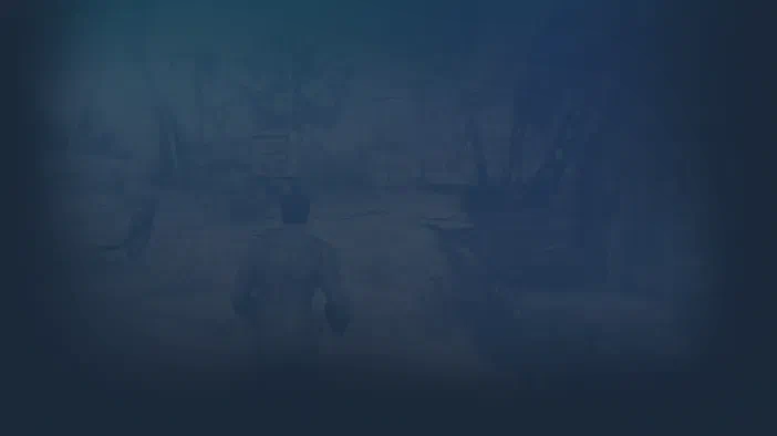 Dans Fallout 4, un personnage est vu de dos dans une zone post-apocalyptique brumeuse et sombre.