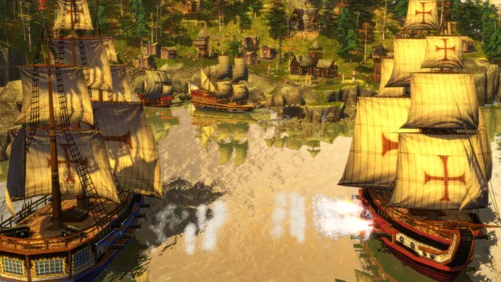 Age of Empires III : deux navires à voiles aux croix rouges s'affrontent dans une rivière bordée de villages et d'arbres.