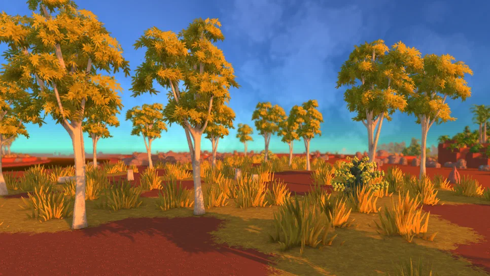 Paysage de jeu vidéo Dinkum avec des arbres aux feuilles jaunes et une herbe dorée sous un ciel bleu.