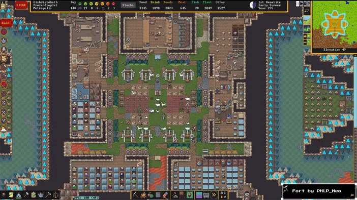 Capture d'écran du jeu vidéo Dwarf Fortress montrant une vue isométrique d'une fortification souterraine avec des nains et divers bâtiments.
