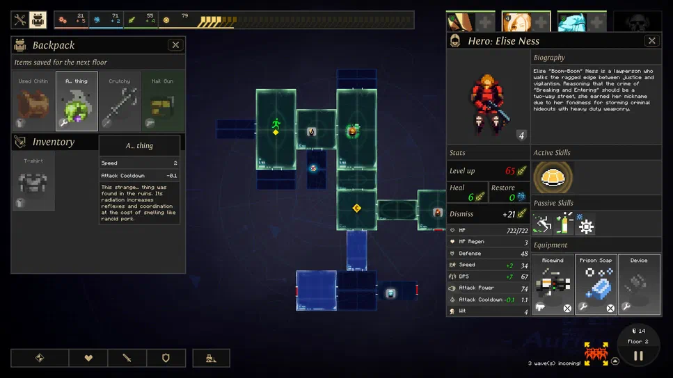 Capture d'écran du jeu Dungeon of the ENDLESS™ montrant l'interface avec la carte de niveau et les statistiques du personnage Elise Ness.