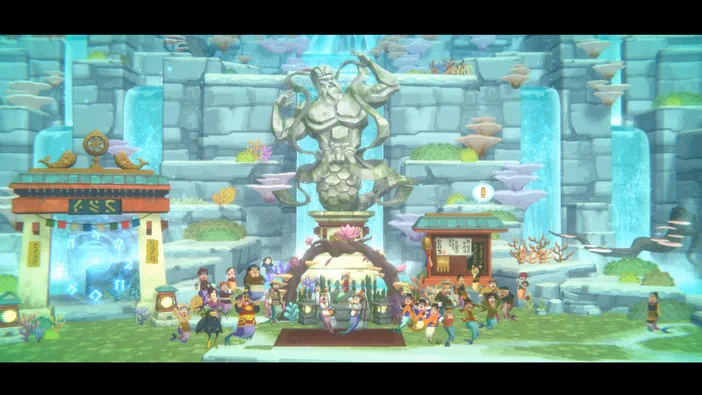 Dans le jeu Dave the Diver, une foule de personnages se rassemble devant un grand statue d'un guerrier à la queue de poisson au centre d'une grotte aux cascades.