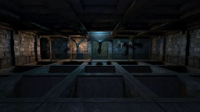 Capture d'écran du jeu vidéo Legend of Grimrock montrant une salle souterraine avec des créatures ailées au fond.