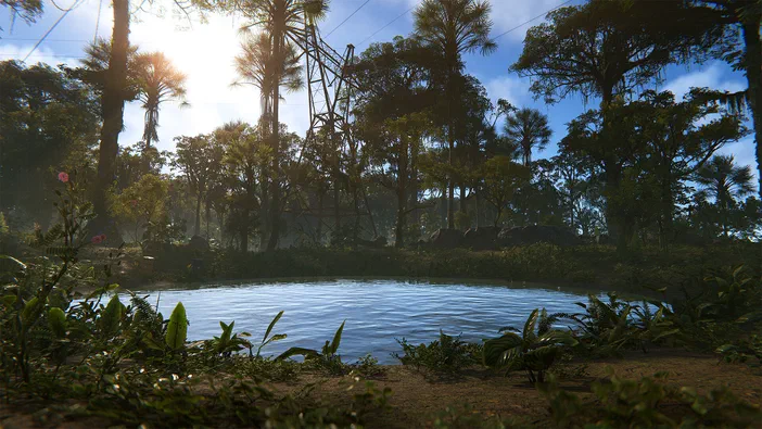 Capture d'écran du jeu Rust montrant une rivière entourée de végétation dense et des palmiers sous un soleil brillant.