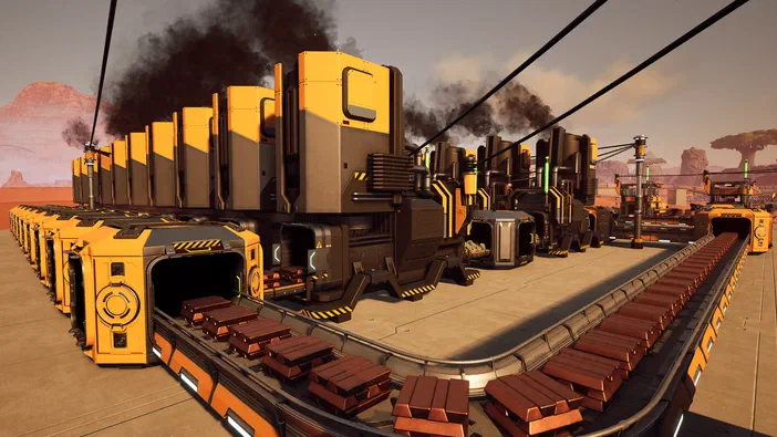 Satisfactory : une vue d'ensemble de la base industrielle avec des convoyeurs transportant du minerai vers les usines jaunes.