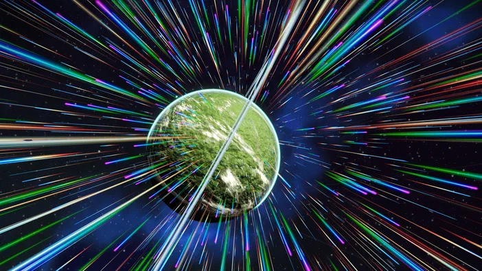 Vue de la planète No Man's Sky traversant un effet warp coloré dans l'espace.