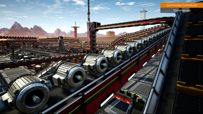 Capture d'écran du jeu vidéo Satisfactory montrant une usine automatisée avec des convoyeurs et des moteurs sur un paysage désertique.