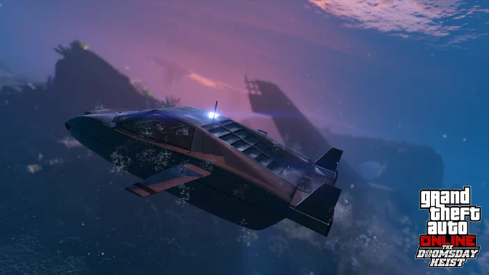 Sous-marin du jeu Grand Theft Auto V Legacy naviguant dans l'océan avec un logo en bas à droite.