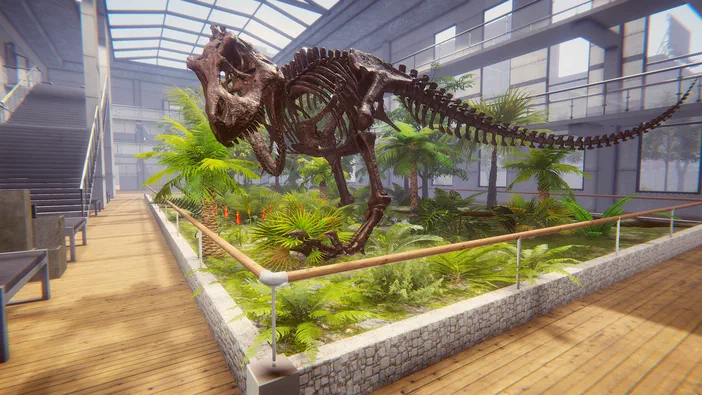 Squelette de dinosaure dans une vitrine avec des plantes tropicales