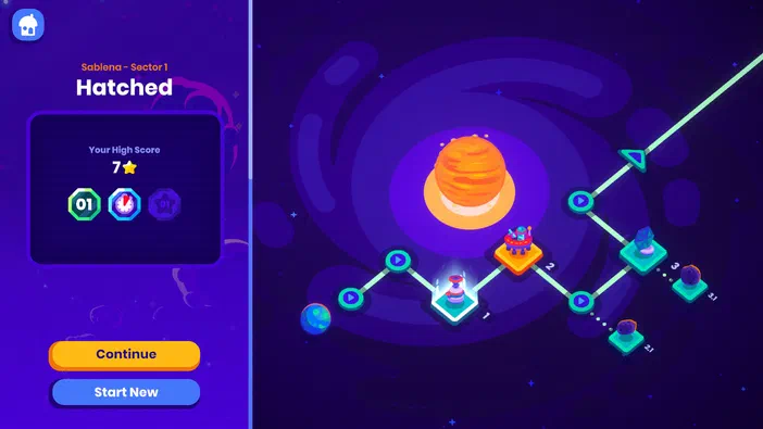 Capture d'écran du jeu vidéo Star Birds montrant une planète orange au centre et un chemin de nœuds connectés sur fond violet.
