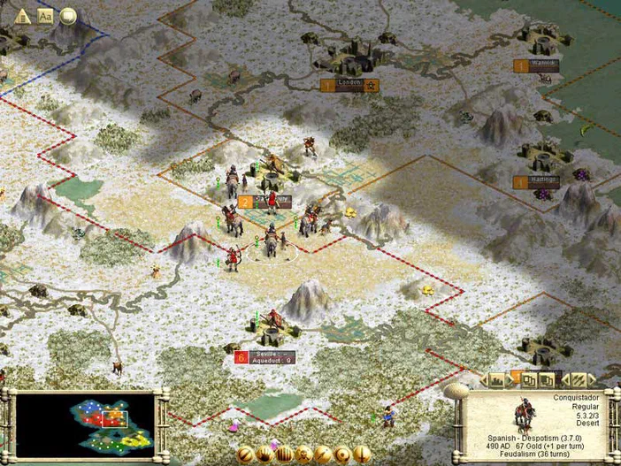 Capture d'écran du jeu Sid Meier's Civilization III montrant une carte de stratégie avec des unités et des villes.