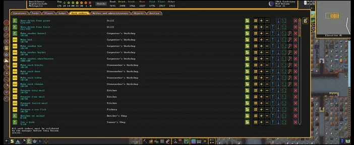 Capture d'écran du jeu vidéo Dwarf Fortress montrant une interface utilisateur complexe avec des listes de commandes et un aperçu en haut à droite.