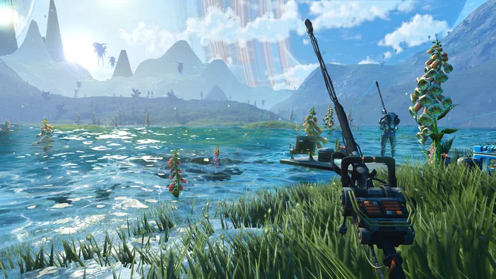 Capture d'écran du jeu vidéo No Man's Sky montrant un paysage alien avec de l'eau turquoise, des plantes étranges et une structure technologique au premier plan.